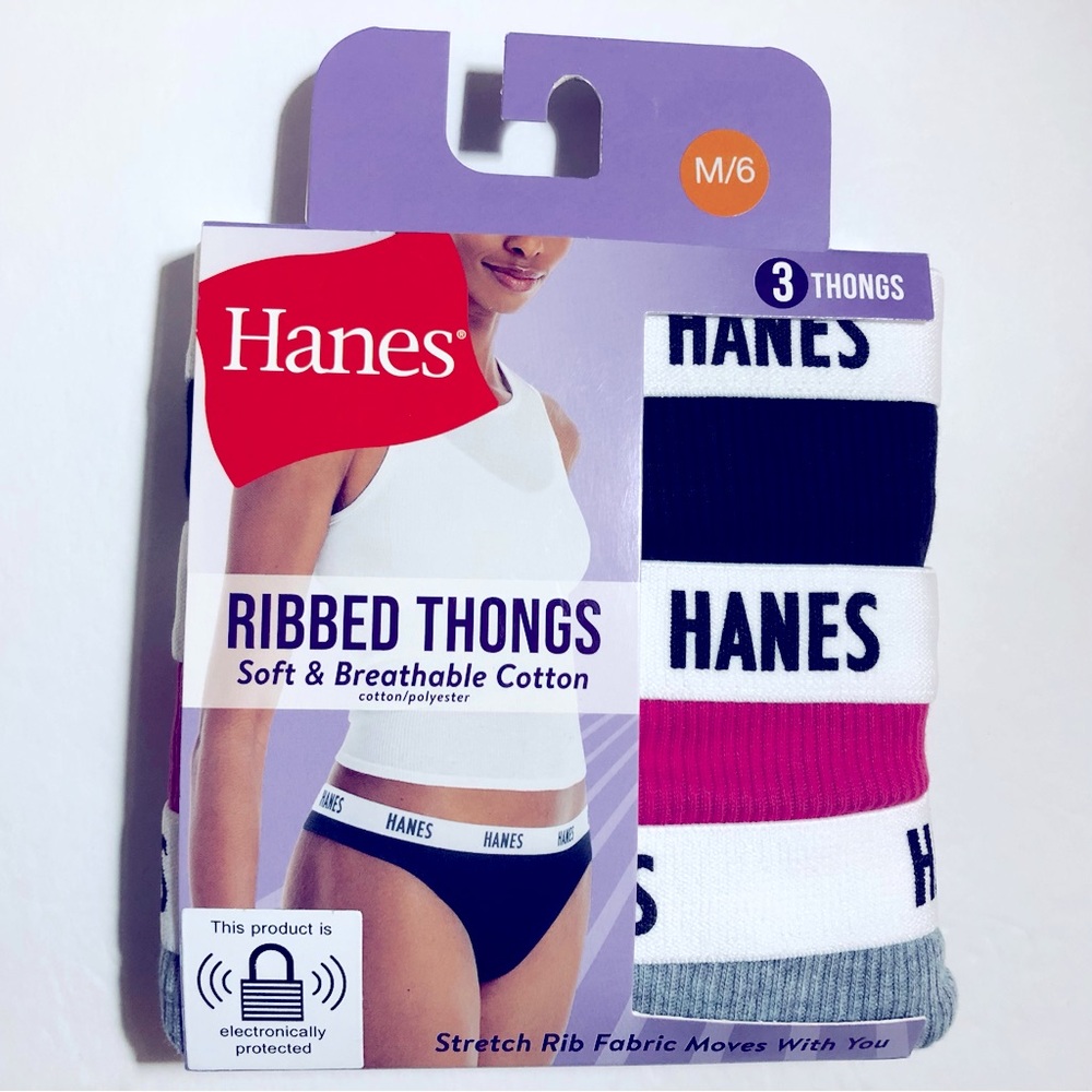 NEW HANES Thongs Underwear 3-Pack Ribbed Cotton Medium Black Pink Gray Women’s